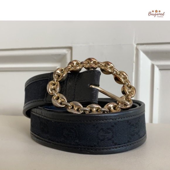 Authentic Gucci Black Monogram Canvas Leather Gold Chain Buckle Belt Size 85/34 - Picture 12 of 13